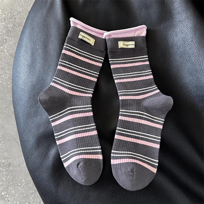 Female Autumn Pattern Color Matching Letter Cloth Mark Splicing Fake Two Tube Pile Socks