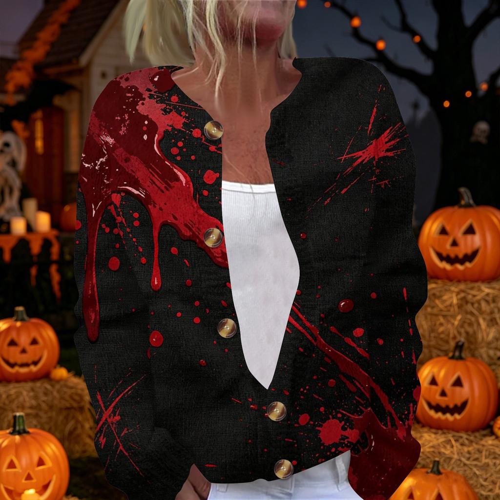 Women's Long Sleeve Knit Cardigan Button Front Sweater Halloween Themed Print Casual Lightweight Outerwear for Seasonal Wear