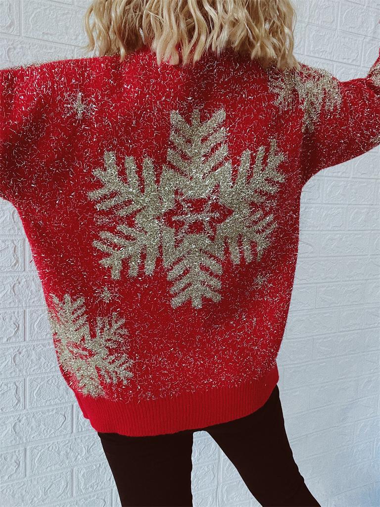 Autumn and Winter New Christmas Sweater Women's Pullover Gold Thread Pulled Hair Jacquard Large Snowflake Elk Christmas Sweater Woman