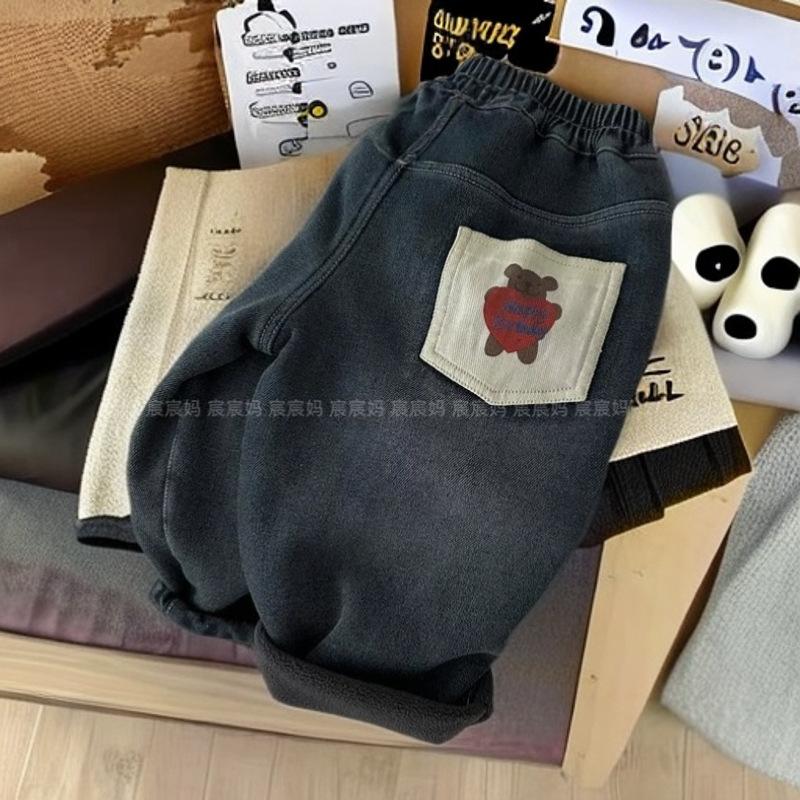 Kids Winter Fleece Lined Jeans Cartoon Bear Straight Leg Pants Boys Girls Warm Thermal Denim Trousers 80