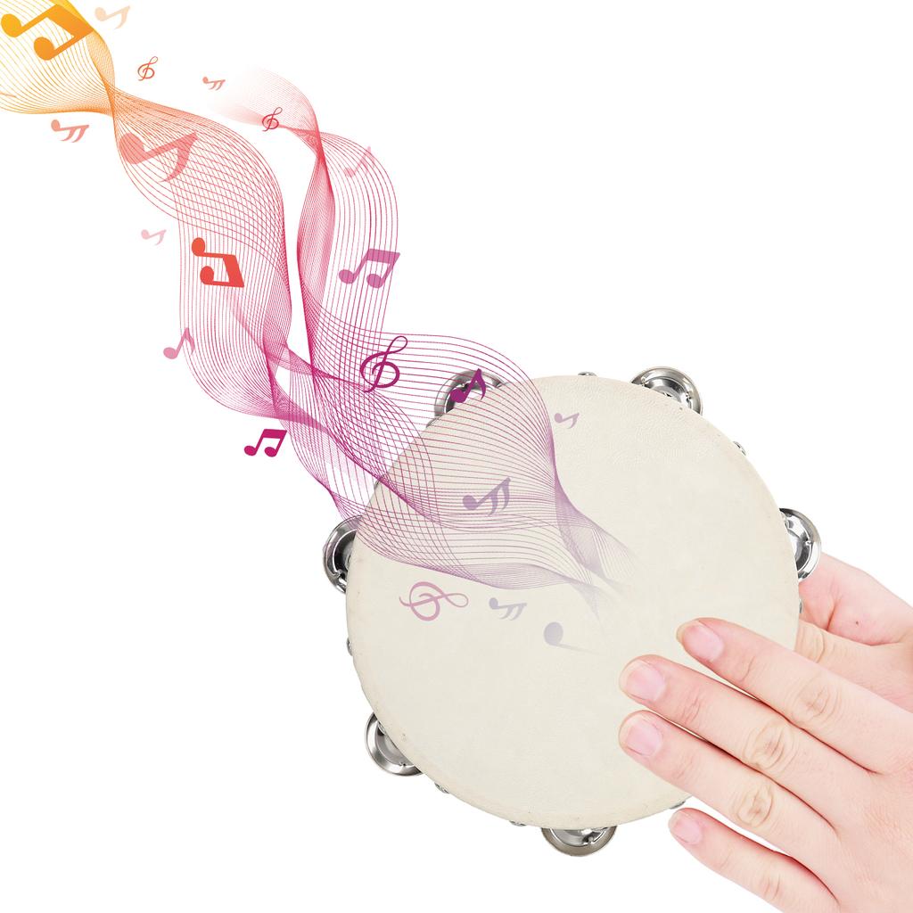 6 Inch Hand Tambourine with Metal Single Row Jingles Sheepskin Skin Wooden Tambourines Entertainment Musical Timbrel for Adults Kids Dancine Sing