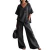 2026 spot new product European and American independent station summer leisure vacation loose cotton and linen v-neck wide-leg pants two-piece set
