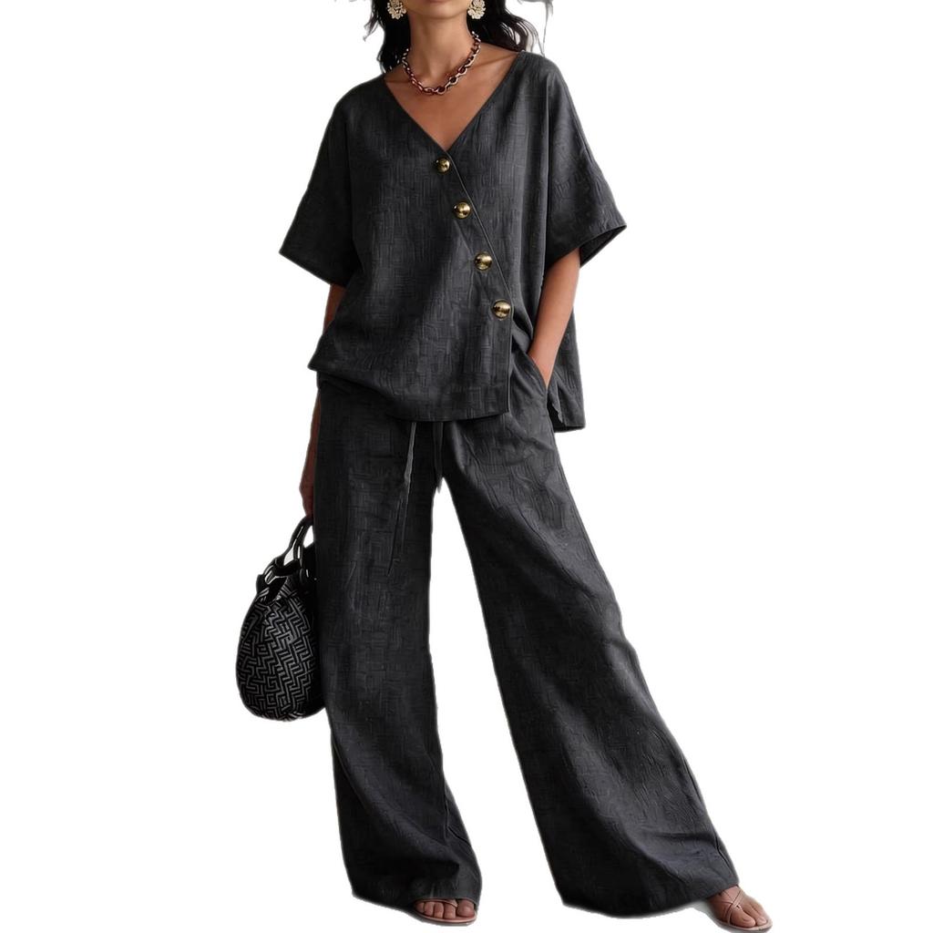 2026 spot new product European and American independent station summer leisure vacation loose cotton and linen v-neck wide-leg pants two-piece set