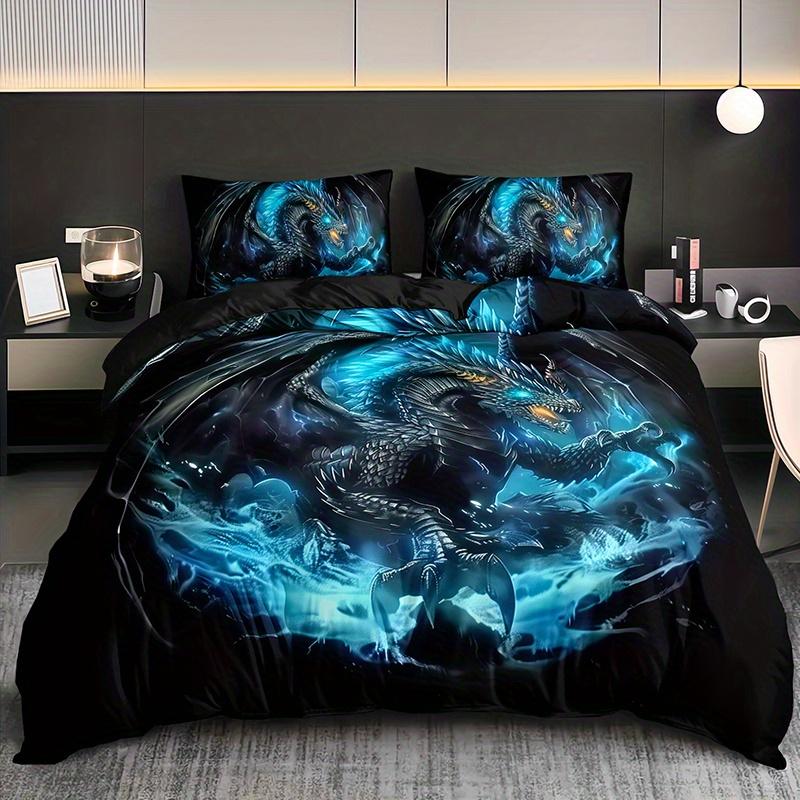 2/3Pcs Cool Blue Flame Black Dragon Duvet Cover Set, HD Print All Season Bedding with Pillowcases for Home Dorm Decor