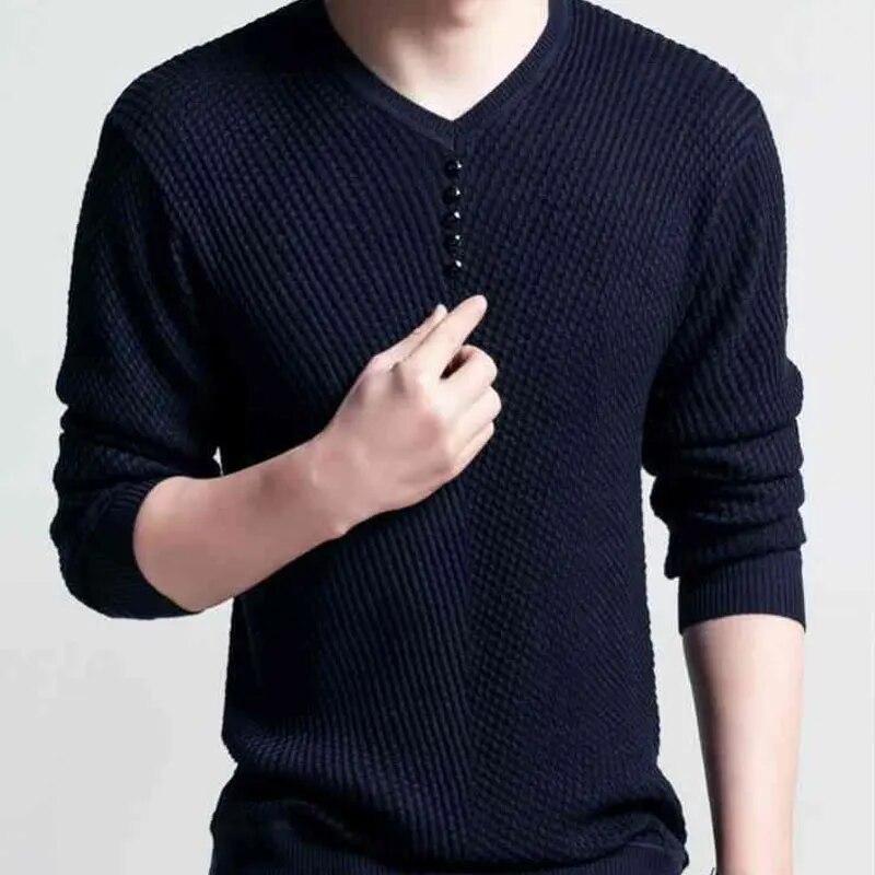 Spring Autumn Korean Knitted Pullovers Slim Fashion Button Casual V-Neck Men's Clothing Solid Color Basic Long Sleeve T-shirts