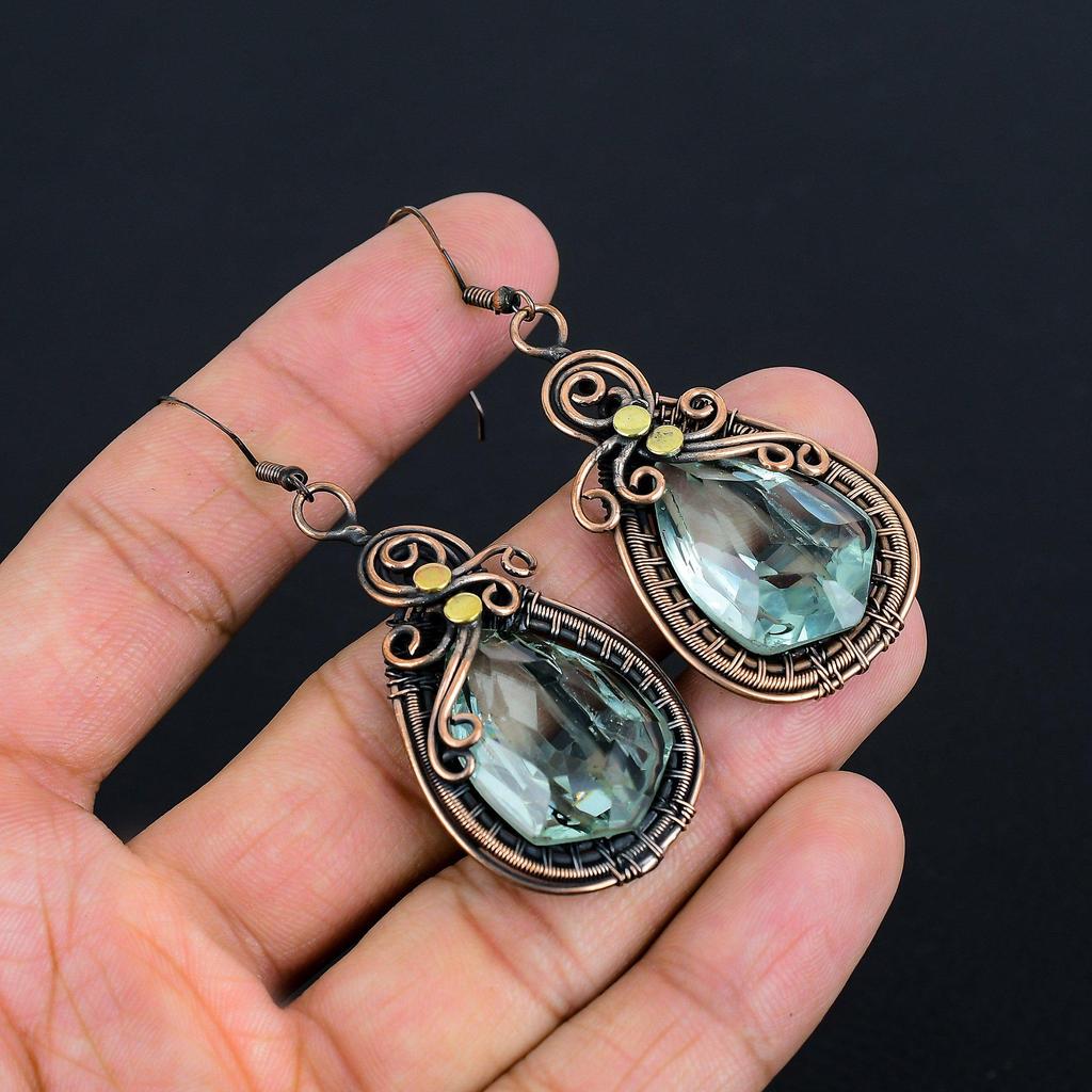 Aqua Apatite Earrings, 999 Copper Wire Wrapped Earrings Handmade Gemstone Jewelry, Gifts For Wife Brand New Earrings