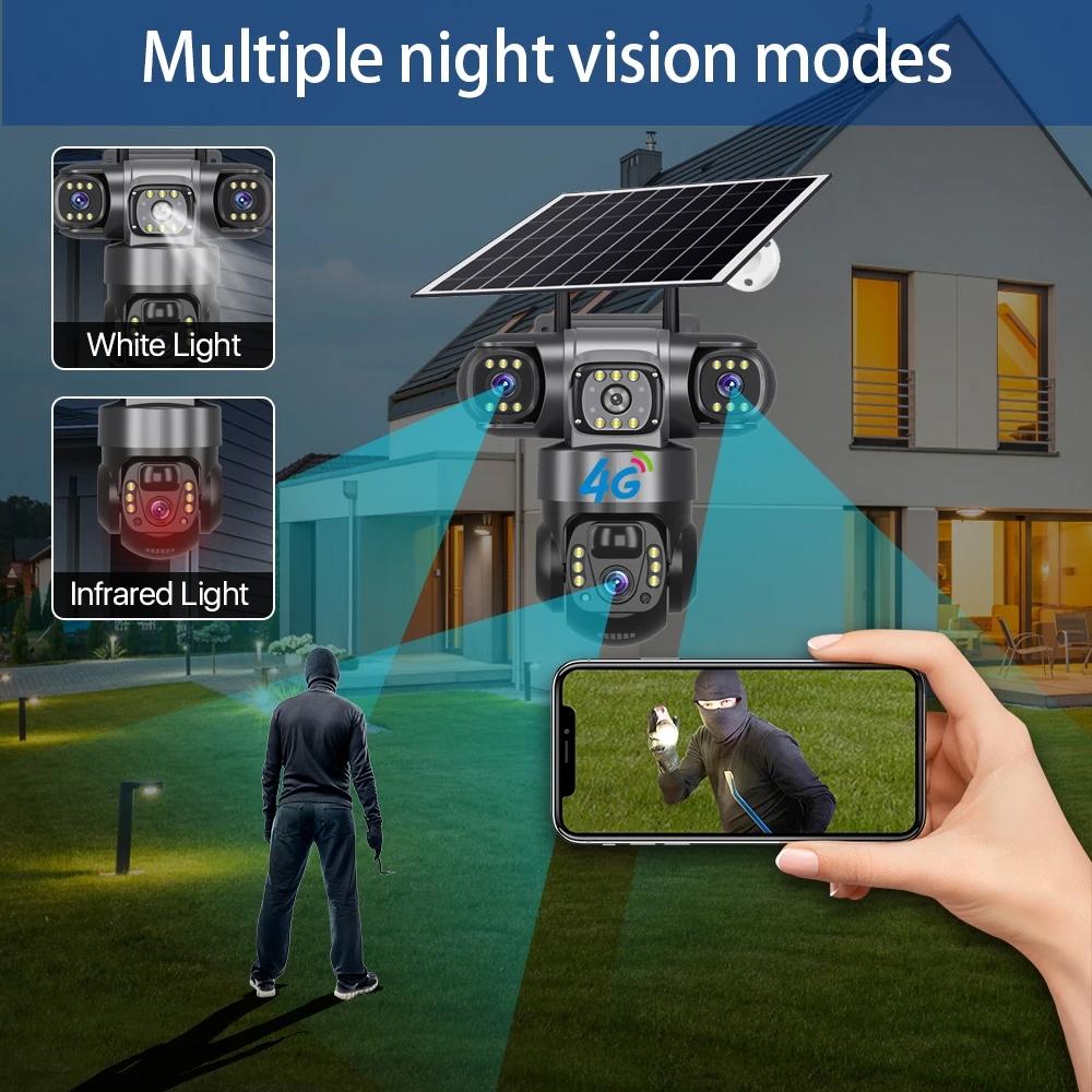 LS VISION Solar 4G Camera With Sim Card 12MP 6K Three Lens Three Screen Monitor Night Vision Security Protection PTZ Video Surveillance