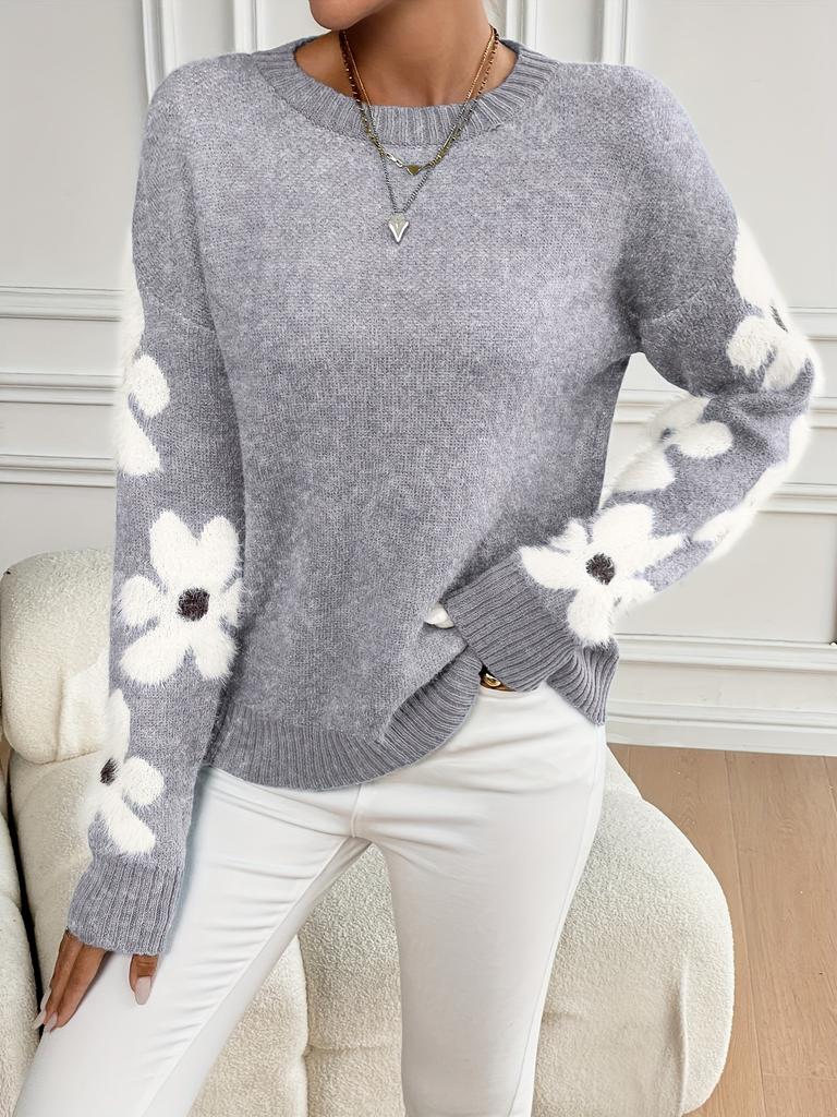 Floral Pattern Round Neck Sweater, Cute Drop Shoulder Long Sleeve Sweater for Fall & Winter, Women's Clothing