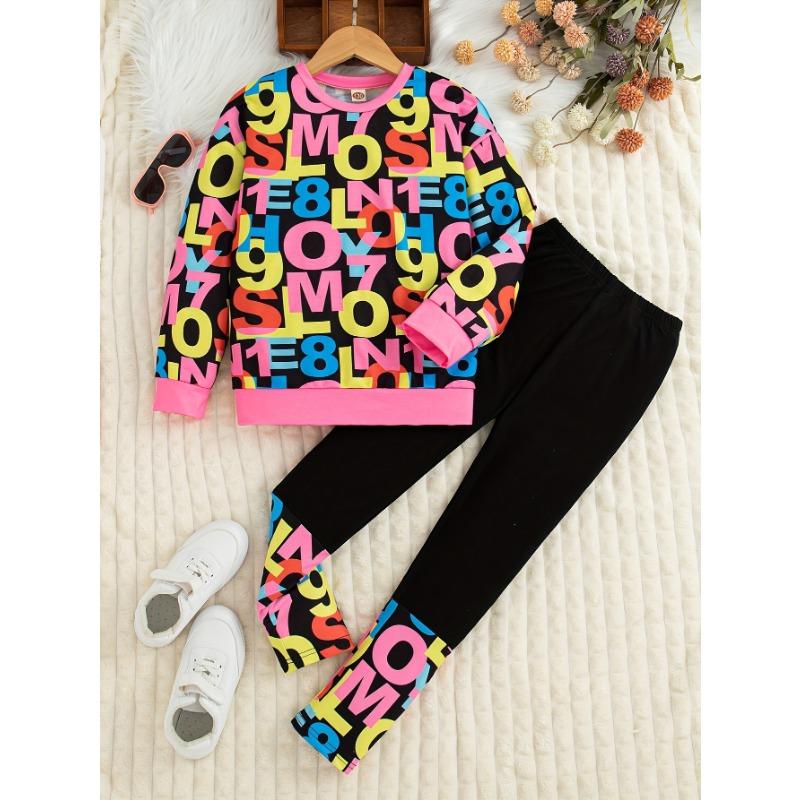 2pcs Girls' Casual Alphabet Print Long Sleeve Pullover & Long Pants Set | Crew Neck Knit Polyester with Slight Stretch