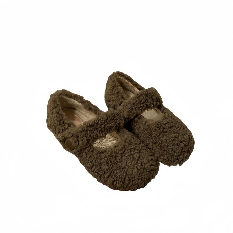 Lamb Wool Round Head Mary Jane Plush Wool Shoes Women Wear Flat Cotton Single Shoes In Winter