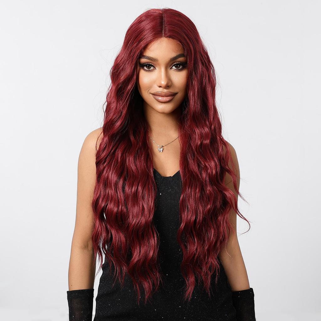 ALAN EATON Synthetic Wine Red Lace Front Wigs Long Water Wave  Wig for Women Hair Party Daily High Quality High Density