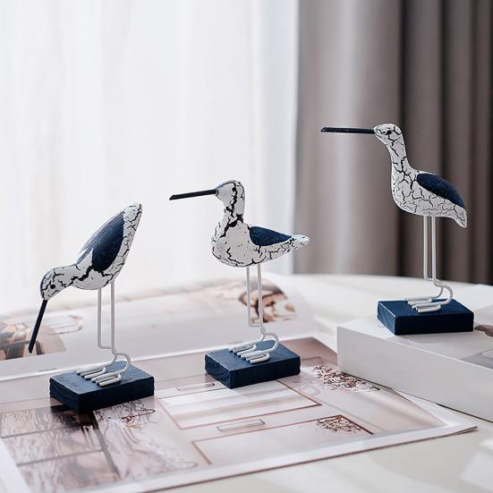 Wooden Seabird Figurine Ornament Desktop Decor with Stable Base Retro Distressed Blue White Coastal Style for Bedroom Living Room Study