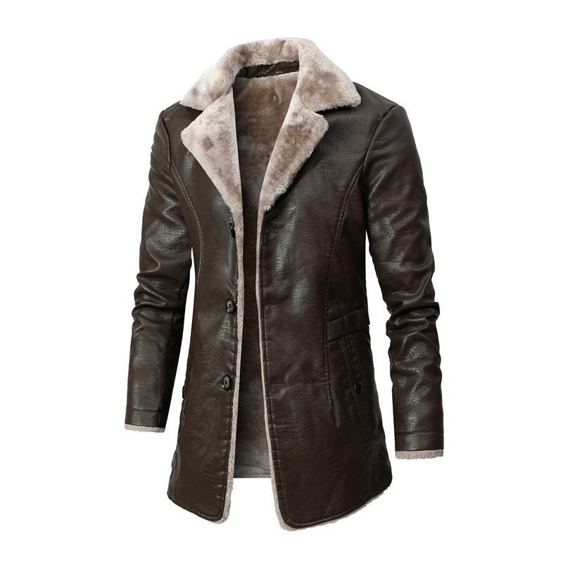 

Men s Mid-length Leather Jacket, Middle-aged Autumn and Winter Business Plus Velvet Large Lapel Suit Leather Plush Jacket for Men S