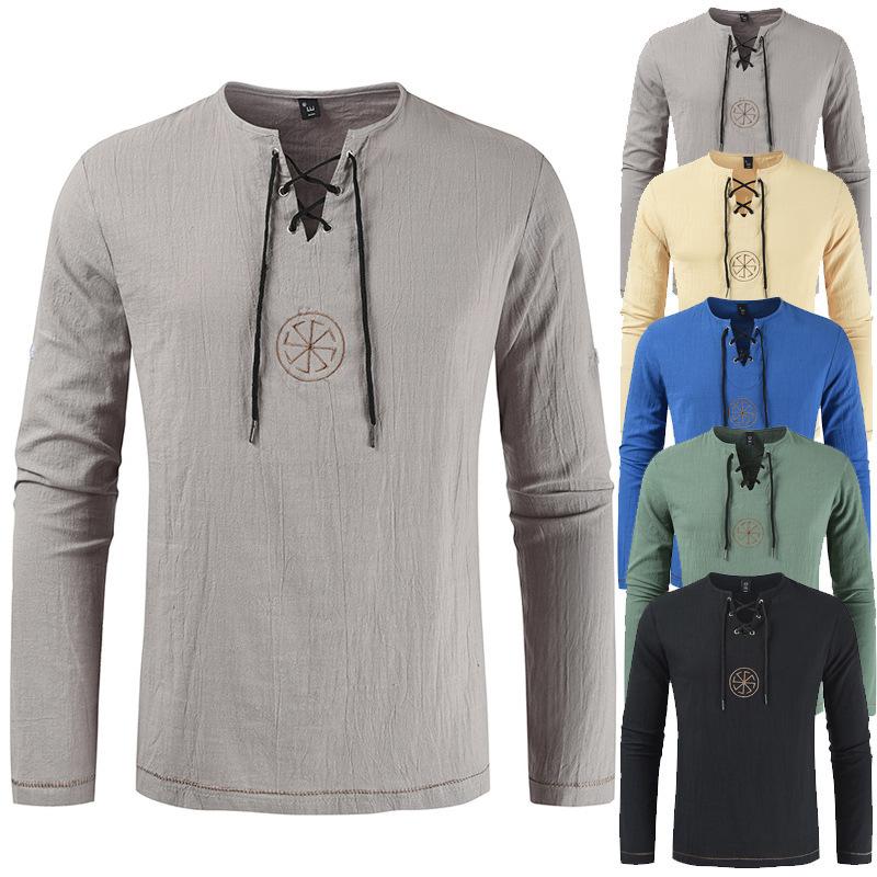 Wiosna i Jesień Zima Nowy Męski Młodzieżowy Casualowy T-shirt z Długim Rękawem Jednokolorowy Europejski i Amerykański Styl Modny T-shirt