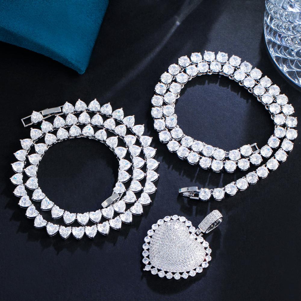 Hip Hop Love Pendant Copper Inlaid Zircon Trend Necklace Earring Set Chain Banquet Full Diamond Set