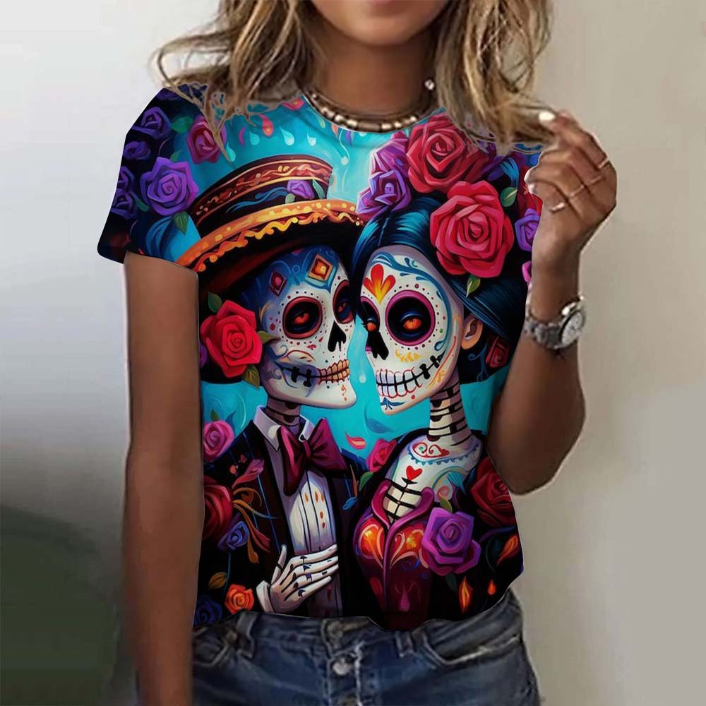 Fashion Women's T-shirt for Girls Summer Short Sleeve Casual Sexy Girls Clothes Horror Undead Skull Pattern Oversized T-shirts