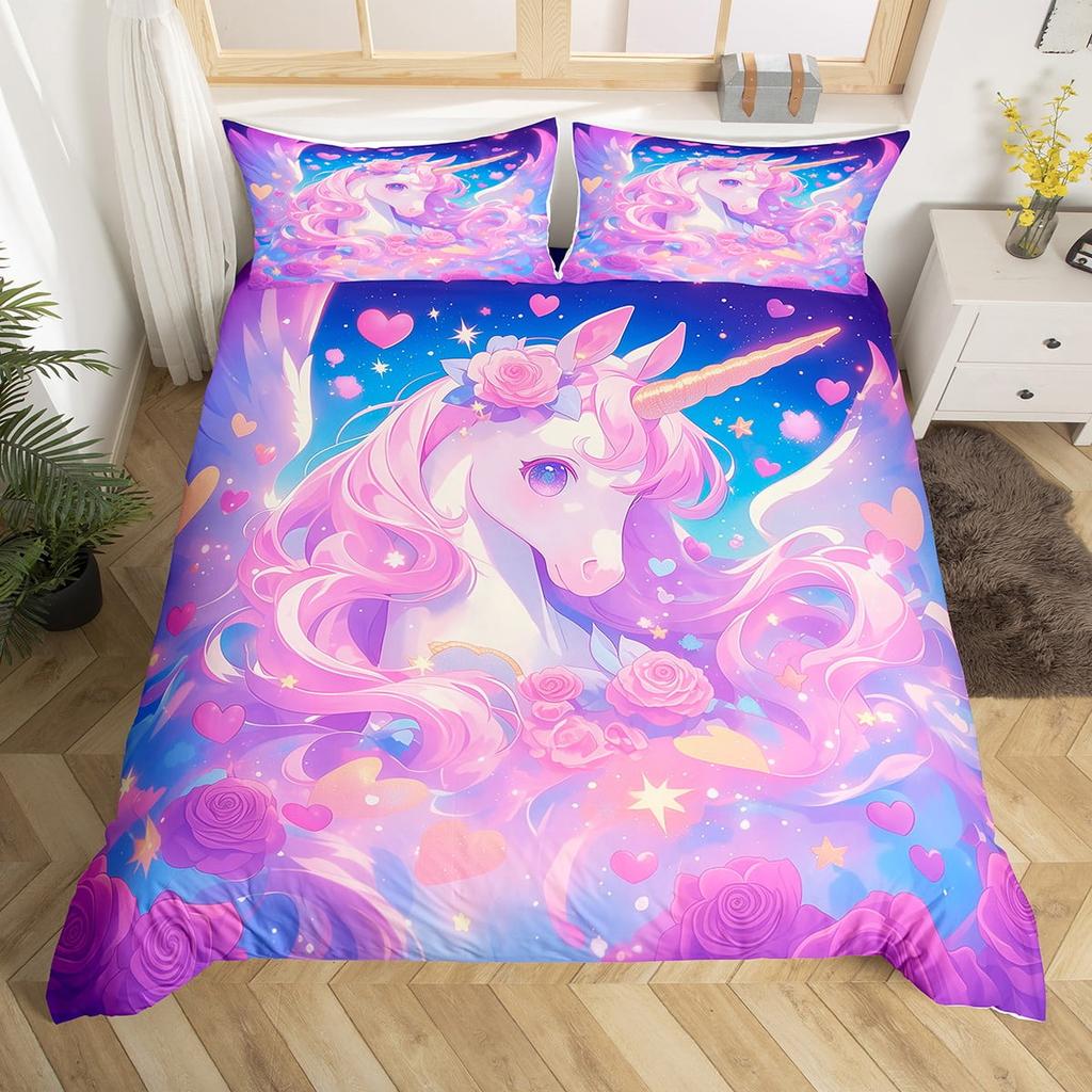 Comforter Unicorn Queen Pink Flowers Bedding Set For Kids Girls Bedroomromantic Sparkle Galaxy Stars Comforter Unicorn