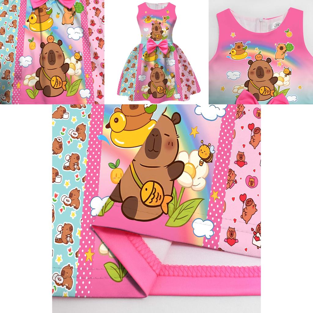 Vestito Ragazza Capibara con Fiocco a Farfalla per Festa Primavera Autunno Bambini