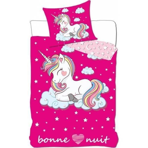 Parure de lit LICORNE-UNICORN - Rose - 140x200 cm + Taie 63x63 cm - Coton