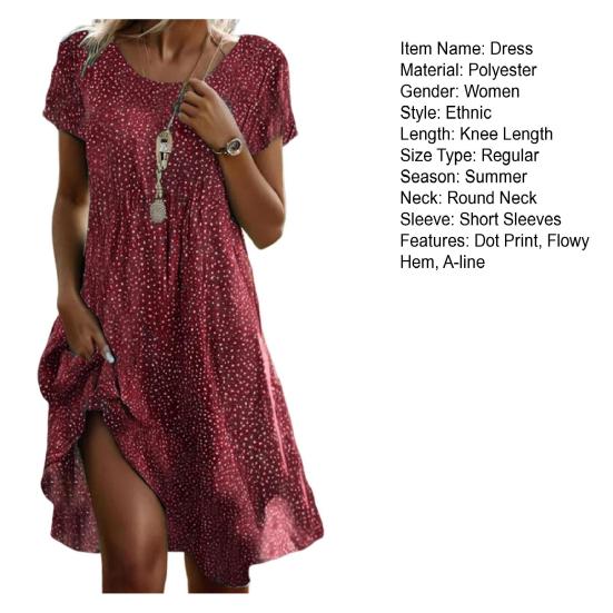 Lady Summer Dress Tečkovaný potisk Posádkový výstřih Krátké rukávy A-Line Volný Etnický styl Velký lem Denní nošení Volný čas Midi šaty
