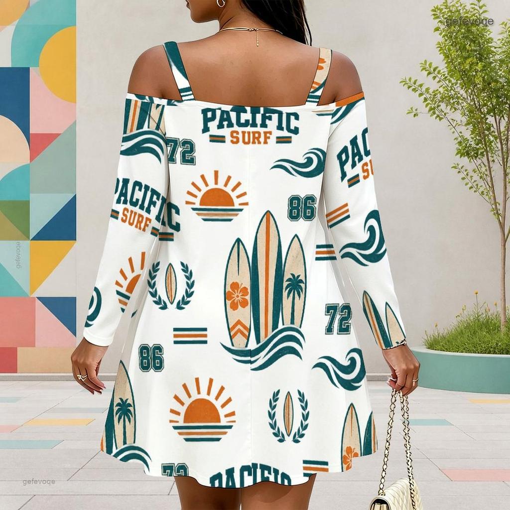 Women Plus Size Cold Shoulder Long Sleeve Surf Printed White Dress