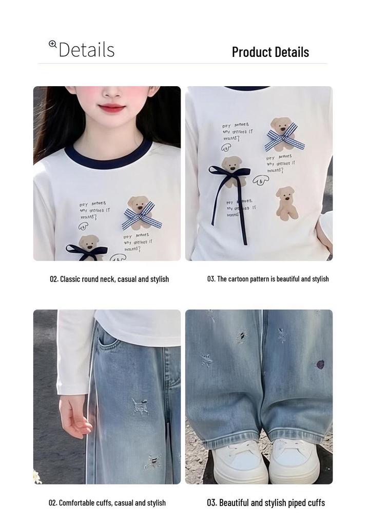 Girls' 2026 Autumn Two-Piece Set: Long-Sleeve T-Shirt & Printed Jeans