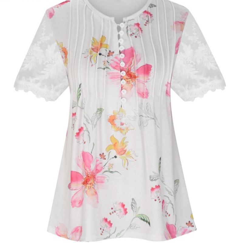 Sommer Neue Blumendruck Beiläufige Lose Blusen Frauen Mode Elegante Vintage Rüschen Spitze Kurzarm Shirts für Frauen Rundhals Slim Fit tops 26515