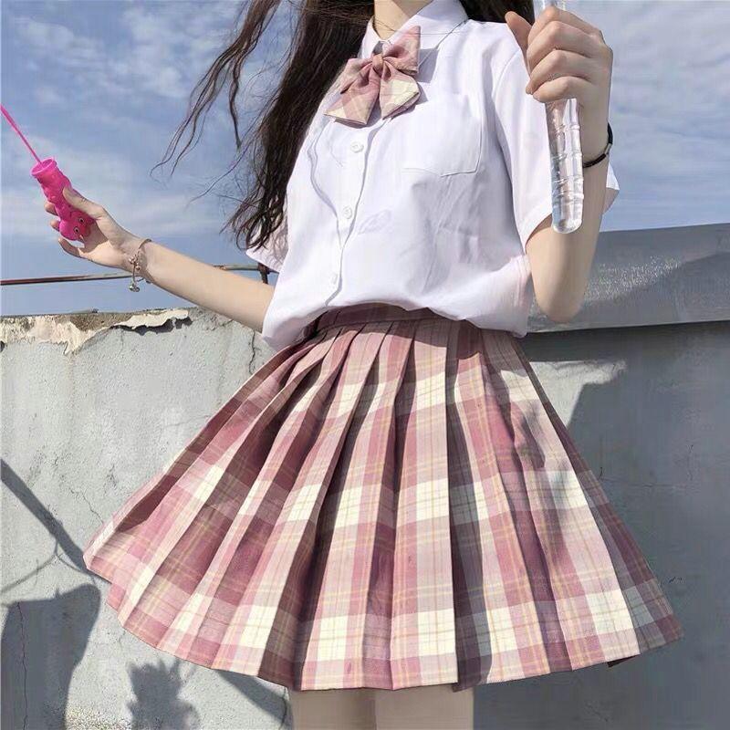 JK Skirts Women Summer High Waist Skirts Korean Style Pleated Skirts for Girls Cute Sweet Ladies Plaid Mini Skirt Shirt Bow Tie Women Set