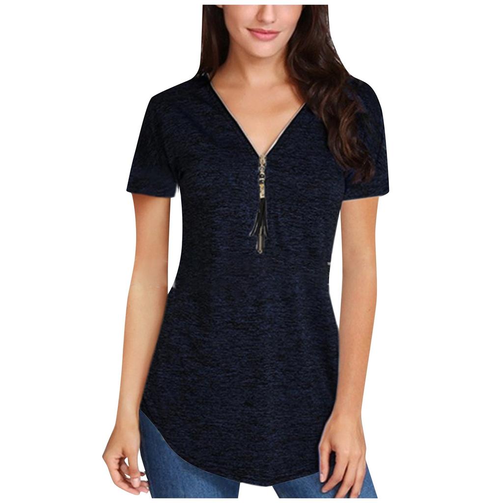 Women's Fashion Summer V-neck Tassel Zipper Color Short Sleeve Pullover T-shirt Top