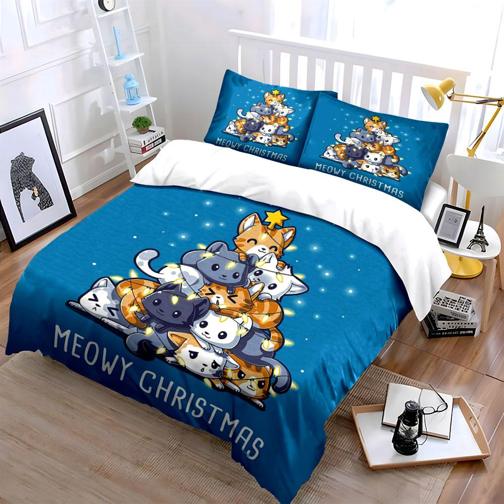 Christmas Cat Tree Pattern Bedding Duvet Cover Set Duvet Cover Pillowcases  (1*Duvet Cover 2*Pillowcases, Without Duvet Insert)