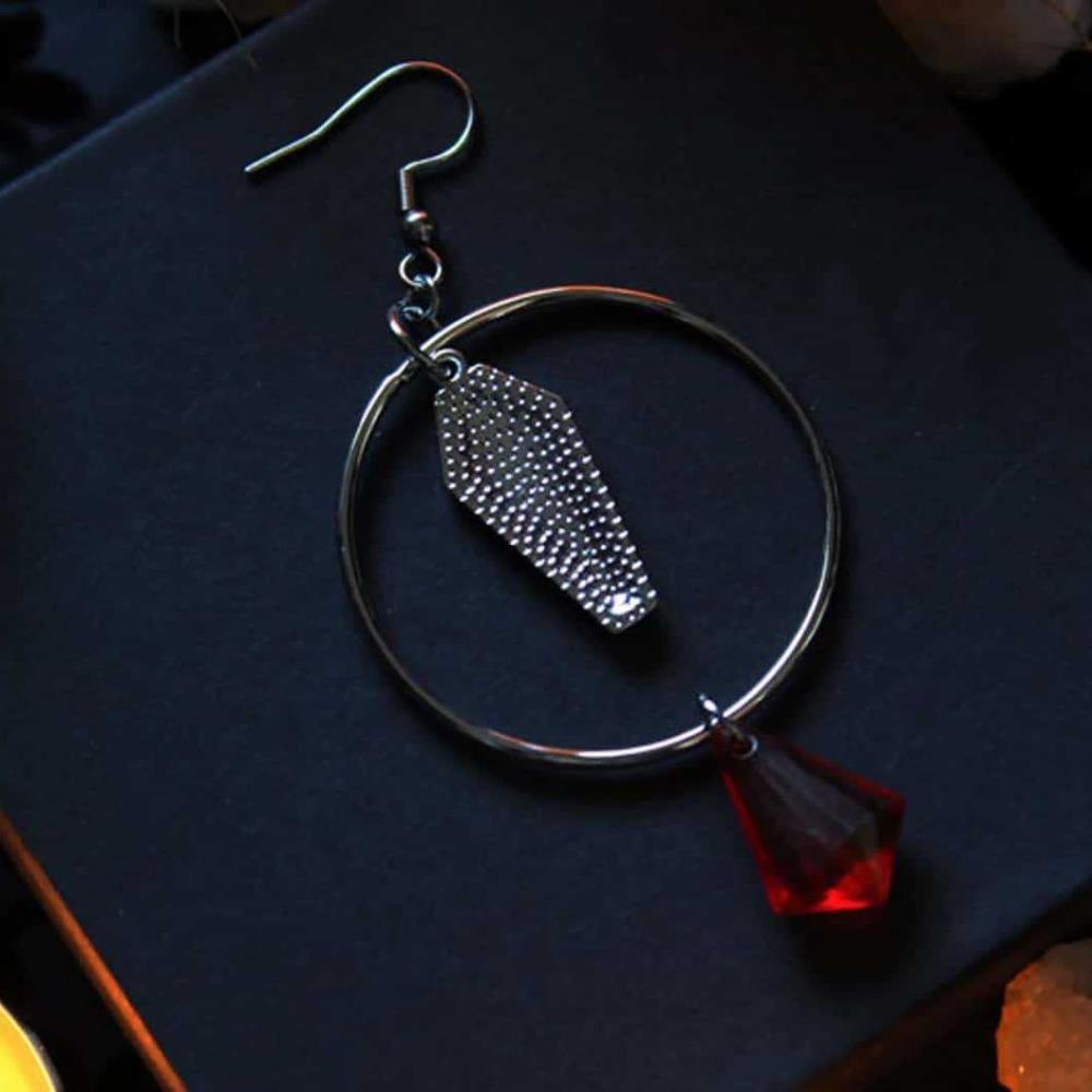Mystic Goth Red Coffin Cross Water Drop Red Crystal Circular Dangle Earrings for Women Men Hallowmas Party Aesthetic Jewelry
