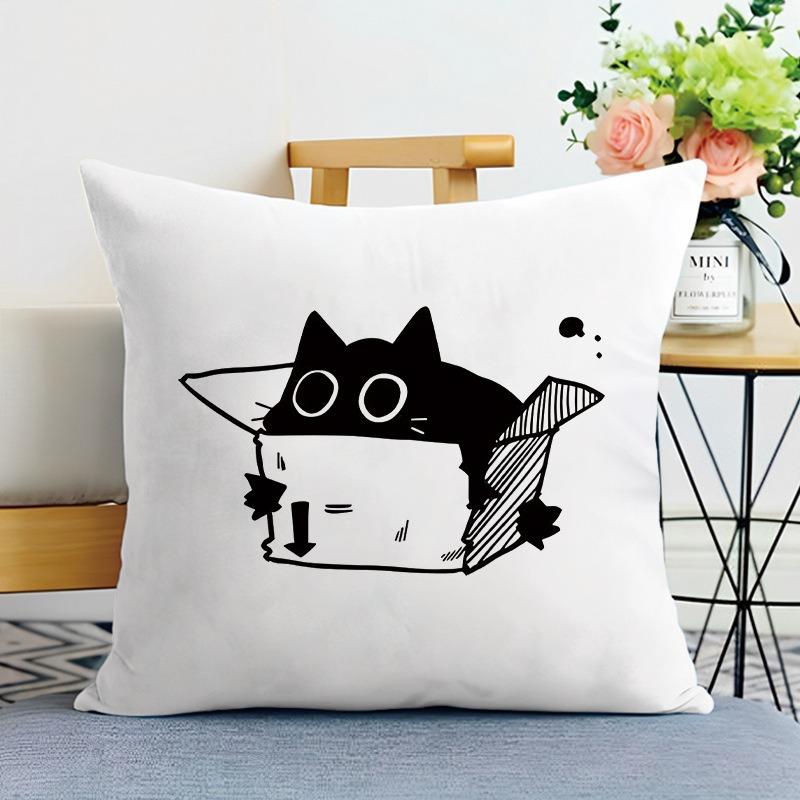 Cartoon Black Cat Print Decorative Pillowcase Bedroom Living Room Square Cushion Pillowcase