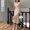 Women Summer Maxi Dress Side Split Elastic Bust Sleeveless Flower Print Ruffle Dress-up Patchwork Backless Women Dating Dress Female Clothing