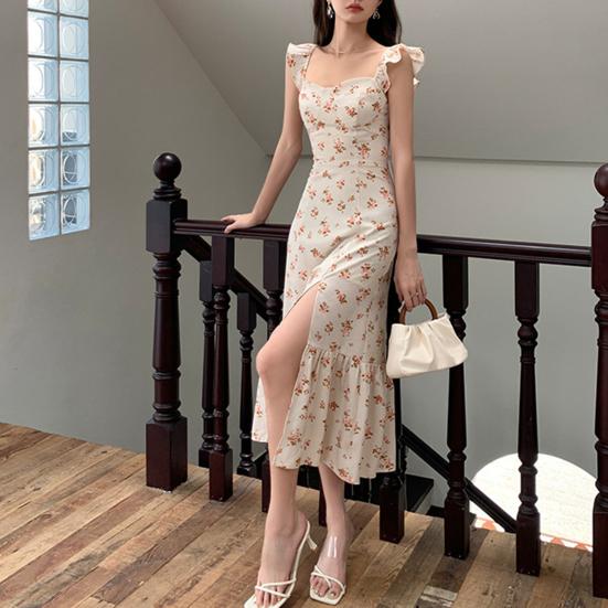 Women Summer Maxi Dress Side Split Elastic Bust Sleeveless Flower Print Ruffle Dress-up Patchwork Backless Women Dating Dress Female Clothing
