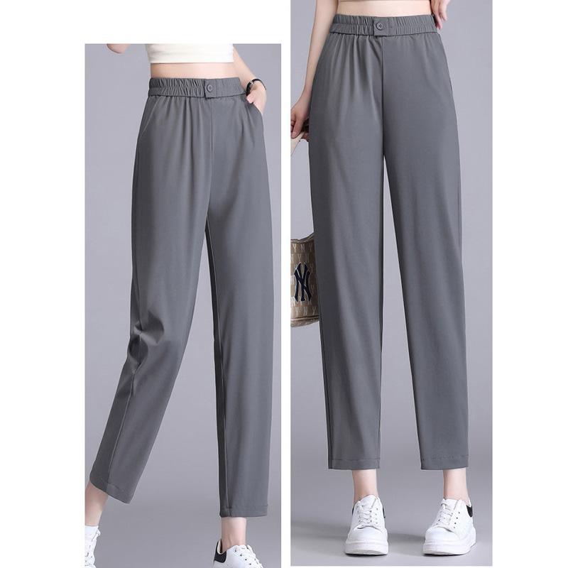 New Spring and Summer Fashion Commuting Simple Button Elastic Waist Panel Pocket Ice Silk Elastic Split Casual Women's Pant