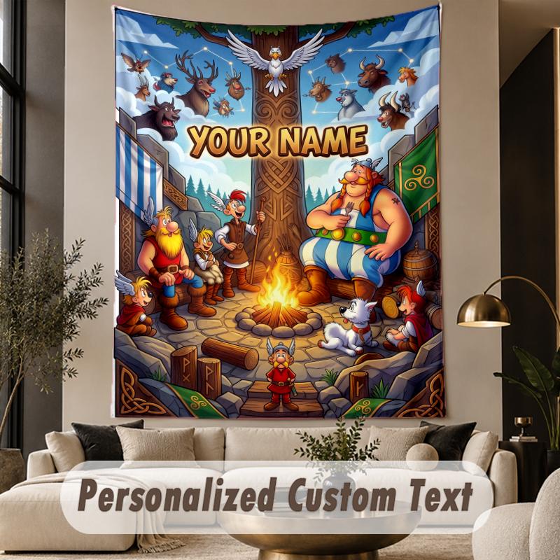 Custom Text Printed Tapestry Asterix & Obelix Pattern Large Wall Hanging Indoor Room Decor