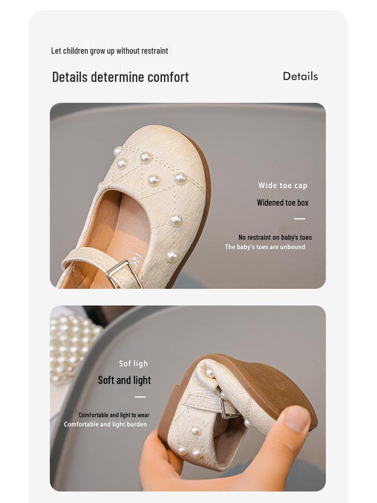 Girls' Black Soft-Soled Leather Mary Janes with Pearls - New 2026 Spring/Autumn Ballet Performance & Casual Shoes