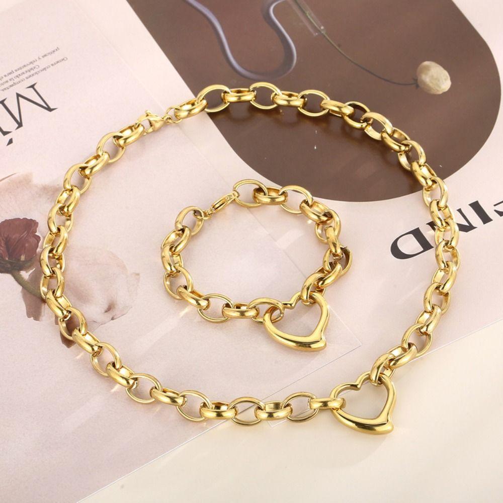 Stainless Steel Heart Necklace Polished Metal Bracelet Bangle Chain Bangle Anniversary Gift