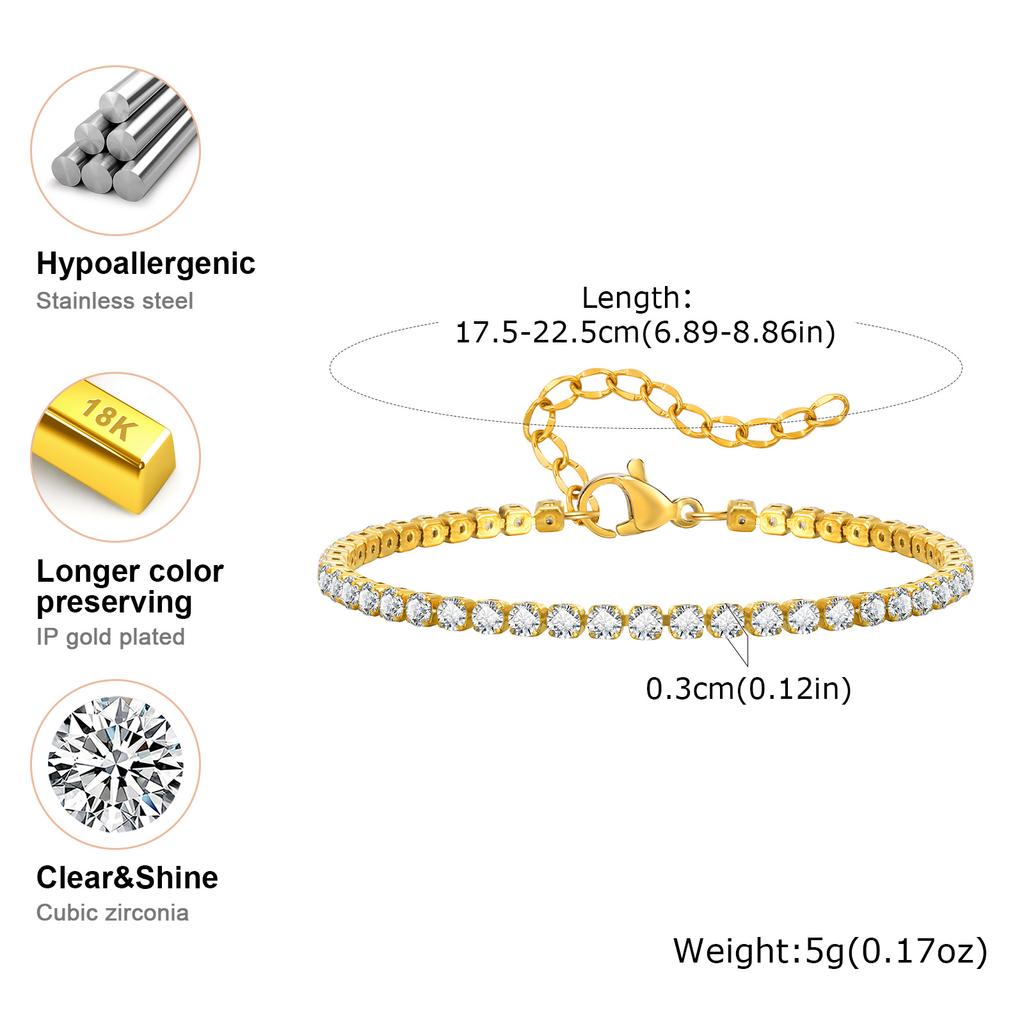 Zirconia Heart Bracelet for Women, Beaded Strand Link Bangle Gold Plated, Stainless Steel Adjustable Bracelets