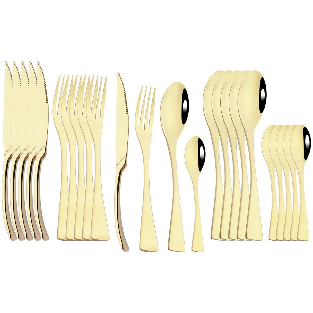 24Pcs Gold Dinnerware Set Shiny Stainless Steel Cutlery Set Steak Knife Fork Coffee Spoon Tableware Set Western Kitchen Flatware