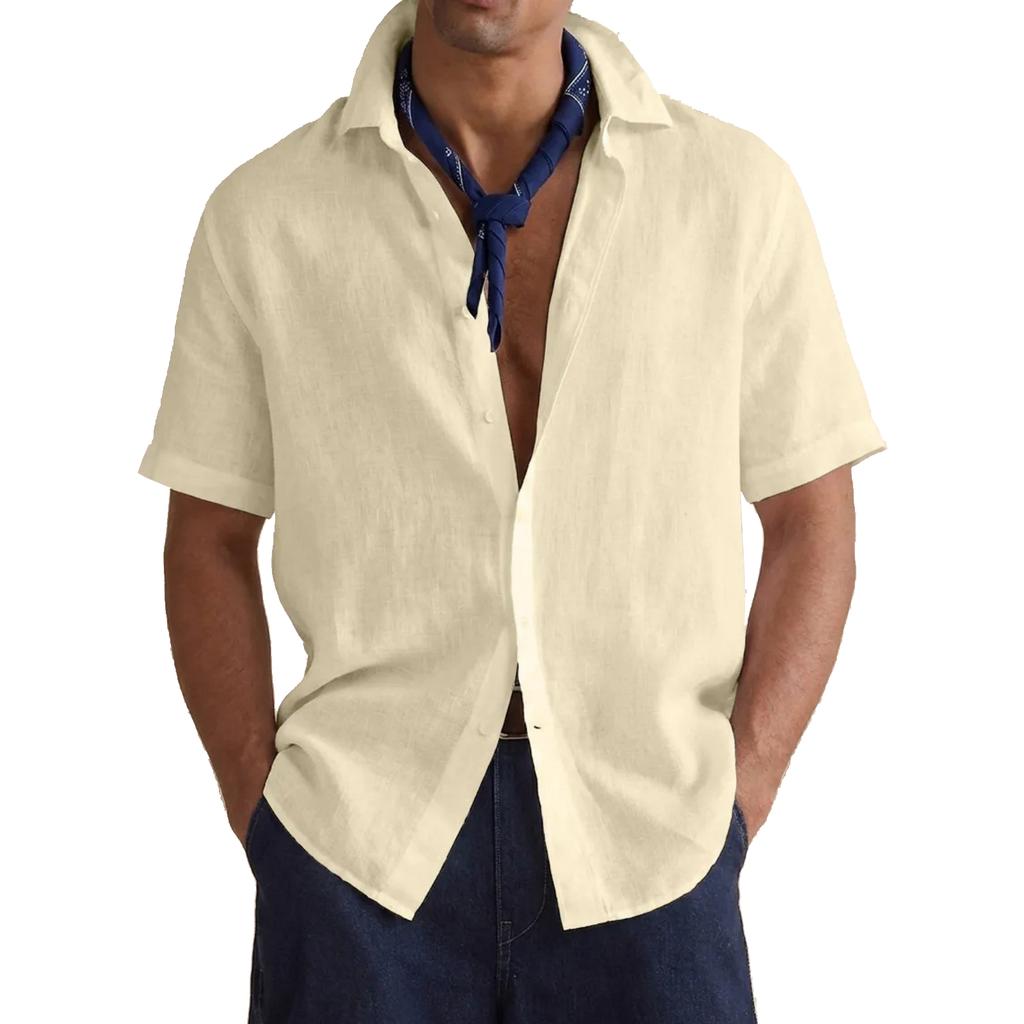 Men's Casual Button-down Loose Short-sleeved Shirt - Men's Plain Cotton Breathable Shirt Top