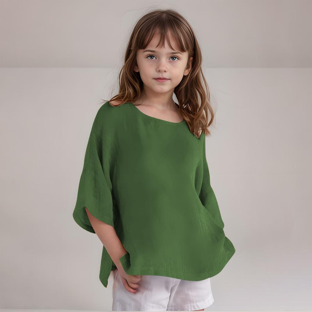 Kinder Baumwolle und Leinen Halbarm Rundhals T-Shirt Einfarbig Lässige Alltagsjacke