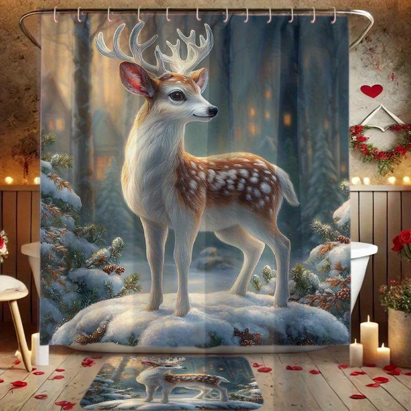 4pcs Snow Forest Deer Print Bathroom Set Includes Shower Curtain Non-Slip Mat Toilet Lid Cover and 12 Plastic Hooks Perfe