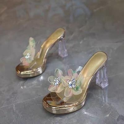 Fashion High-heeled Slippers Women's Fashion Round Head Open-toe Crystal Flower Waterproof Table Anti-slip Wear-resistant Square Heels