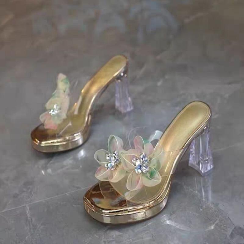 Fashion High-heeled Slippers Women's Fashion Round Head Open-toe Crystal Flower Waterproof Table Anti-slip Wear-resistant Square Heels