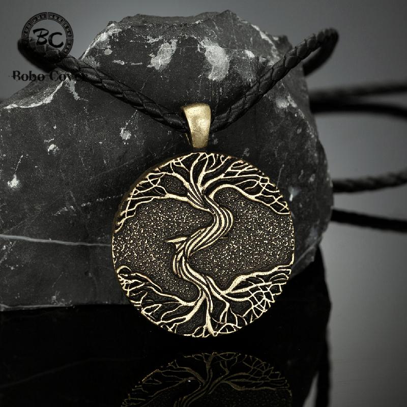 Viking Amulet Tree of Life Necklace Antique Norse Rune Pendant With Genuine Leather Rope Chain Jewelry Bijoux Gift