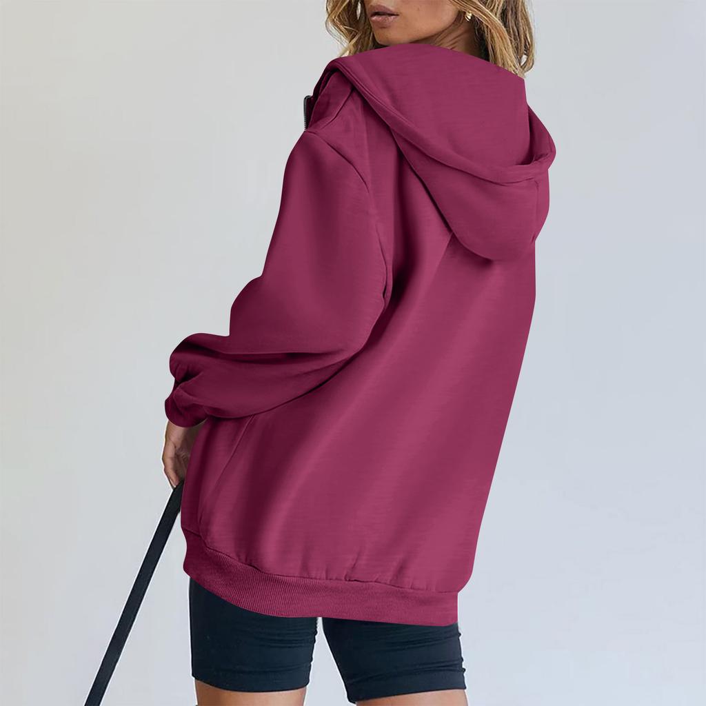 Damenmode Reißverschluss Hoodie Langarm Kapuzenpullover Sweatshirt Lässige einfarbige Oberteile mit Taschen