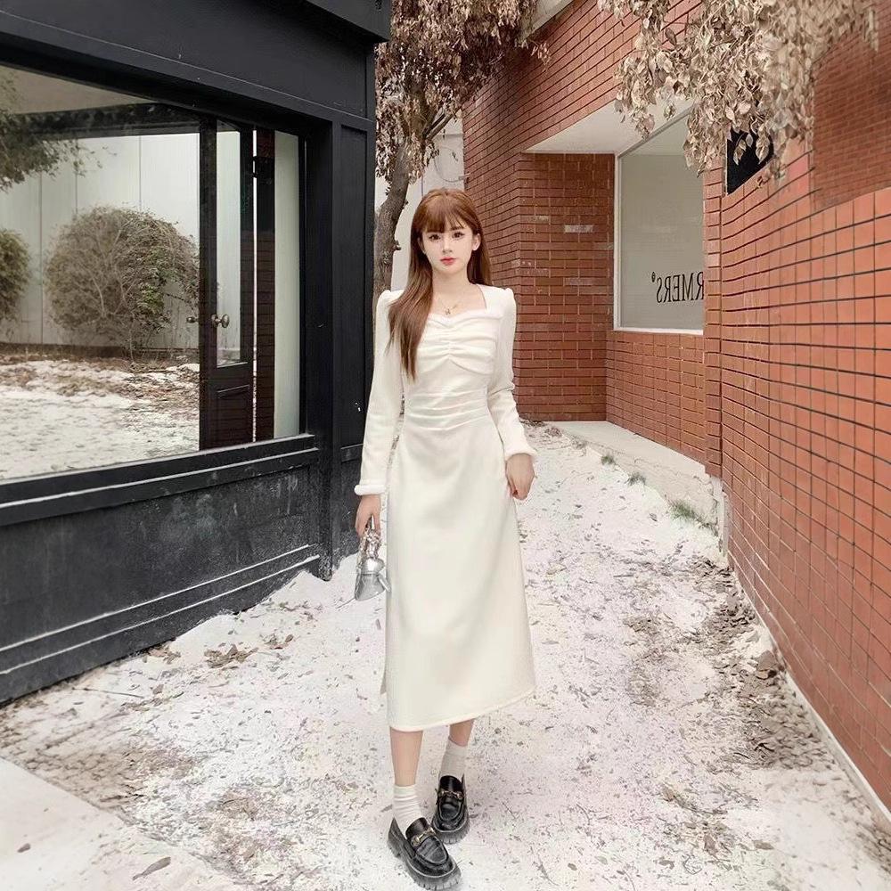 French Velvet Temperament Long-sleeved Dress Women's Spring New Pleated Waist Thin Inner Bottom Long Dress