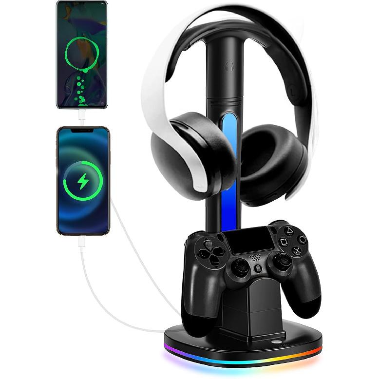 Зарядная станция для контроллера PS4 с RGB-подставкой для наушников, JDGPOKOO Зарядная док-станция для контроллера PS4 с 2 USB-портами для зарядки, Подставка для гарнитуры для