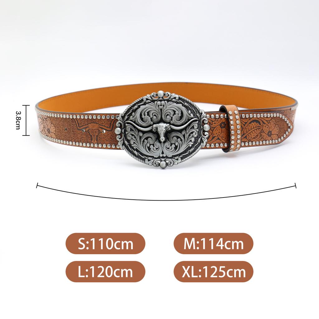 Western Denim Belt Bull Head Big Board Buckle Retro Edge Beads Men'S Punk Hip Hop Pu Leather Belt